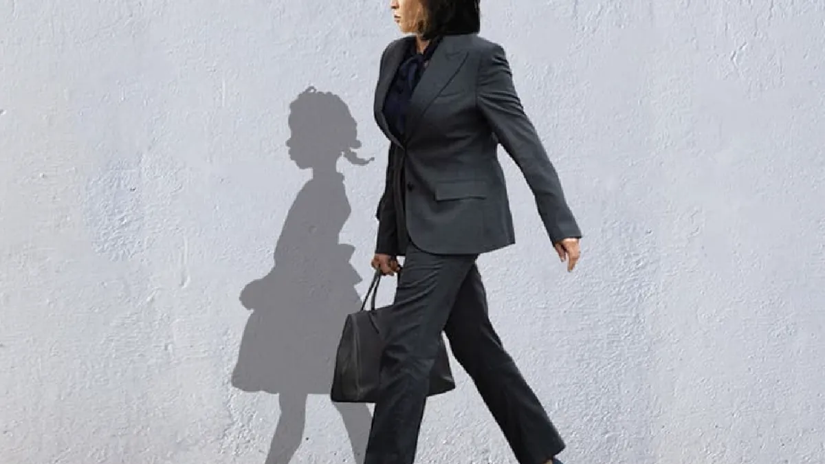 Artwork by Bria Goeller, showing Kamala Harris walking in a black suit with a briefcase beside the shadow of Ruby Bridges as a child.